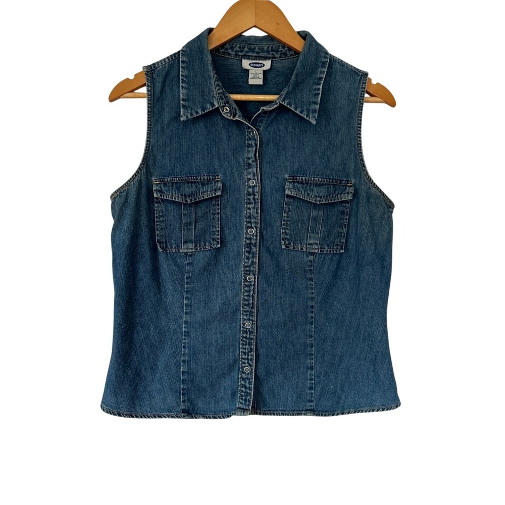 Vintage Y2K Old Navy Denim Vest L Summer '02 100% Cotton Snap Jean Top Hong Kong